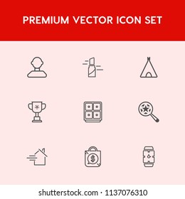 Modern, simple vector icon set on red background with safe, magnifying, bank, person, cup, championship, business, estate, female, camp, rent, travel, money, time, winner, profile, man, house icons