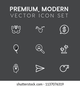 Modern, simple vector icon set on dark grey background with trumpet, butterfly, holiday, tropical, business, sale, whistle, tree, jazz, fly, referee, instrument, computer, sport, insect, musical icons