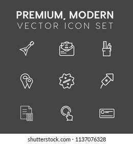 Modern, simple vector icon set on dark grey background with musical, finance, white, stationery, festival, cheque, music, hand, guitar, event, finger, concert, desk, banking, office, table, pin icons