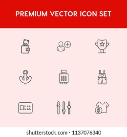 Modern, simple vector icon set on red background with success, consultant, work, female, shop, safety, wear, travel, money, purse, prize, award, reward, nautical, airport, equality, network, bag icons
