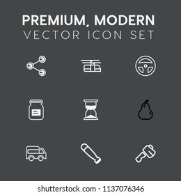 Modern, simple vector icon set on dark grey background with hour, fresh, railroad, equipment, sport, cable, pear, internet, metal, sand, medicine, move, screwdriver, sign, left, technology, bus icons
