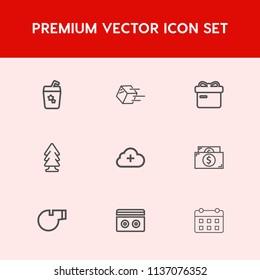 Modern, simple vector icon set on red background with cloud, add, ice, box, referee, shipment, forest, timetable, environment, party, tape, package, juice, drink, currency, time, gift, alcohol icons