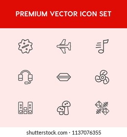 Modern, simple vector icon set on red background with melody, play, player, nature, offer, sign, lettuce, satellite, music, ventilator, travel, electric, headset, discount, bun, tune, fly, audio icons