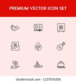 Modern, simple vector icon set on red background with undersea, player, secure, nature, folk, sound, investment, media, bank, trumpet, security, volume, ocean, yacht, jazz, boat, safety, safe icons
