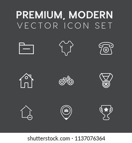 Modern, simple vector icon set on dark grey background with cell, work, cute, home, estate, management, apartment, girl, property, folder, prize, archive, wheel, bike, beauty, model, win, office icons