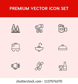 Modern, simple vector icon set on red background with travel, record, boat, camera, alcohol, wood, plant, oar, handle, nature, trunk, play, equipment, faucet, baggage, retro, vinyl, gramophone icons