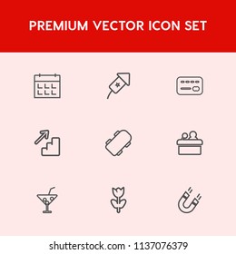 Modern, simple vector icon set on red background with upstairs, blossom, public, speaker, presentation, skate, festival, extreme, nature, flower, balance, celebrate, drink, calendar, timetable icons