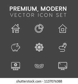 Modern, simple vector icon set on dark grey background with money, location, helm, display, technology, mask, modern, route, sign, economy, map, property, estate, coin, real, road, masquerade icons