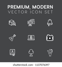 Modern, simple vector icon set on dark grey background with television, environment, office, contact, photographer, jug, folk, lens, alarm, vase, report, finance, statistic, call, internet, book icons