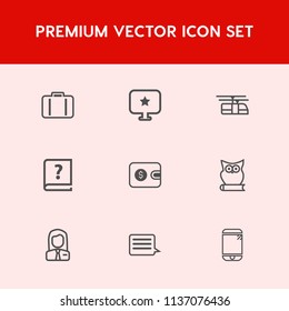 Modern, simple vector icon set on red background with business, bird, travel, technology, touchscreen, journey, sign, rail, cell, tourism, wallet, baggage, graphic, employee, phone, railroad icons