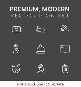 Modern, simple vector icon set on dark grey background with account, travel, cap, fashion, smile, business, medical, hat, aircraft, face, recycling, nurse, drink, happy, doctor, healthcare, bin icons