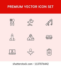 Modern, simple vector icon set on red background with garbage, sign, can, spoon, decoration, glove, food, call, internet, kitchen, space, technology, lamp, fork, modern, restaurant, recycling icons