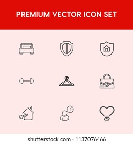 Modern, simple vector icon set on red background with love, protect, strength, time, care, hotel, barbell, security, sport, property, clothing, estate, workout, sign, fitness, house, fashion icons