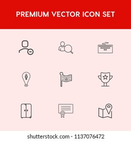 Modern, simple vector icon set on red background with pc, delete, laptop, pictogram, prize, online, sign, nation, navigation, digital, usa, work, cupboard, interior, user, diploma, location, win icons
