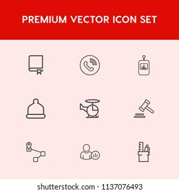 Modern, simple vector icon set on red background with office, air, control, literature, helicopter, read, study, internet, head, lawyer, aircraft, justice, encyclopedia, cap, status, knowledge icons