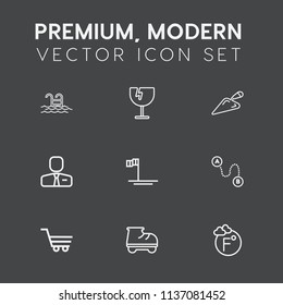 Modern, simple vector icon set on dark grey background with job, temperature, people, crash, vandalism, shovel, leisure, thermometer, destination, mexico, beautiful, glass, position, destruction icons