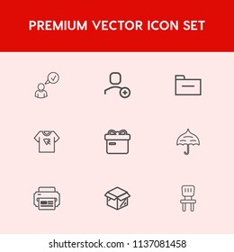 Modern, simple vector icon set on red background with website, account, print, umbrella, internet, open, chair, profile, interior, online, folder, delete, web, paperwork, cardboard, package, box icons
