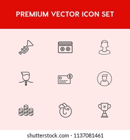 Modern, simple vector icon set on red background with money, competition, cup, sound, balance, card, avatar, credit, championship, profile, social, male, internet, stereo, storehouse, trumpet icons