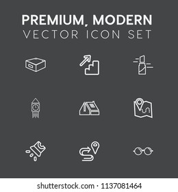 Modern, simple vector icon set on dark grey background with route, white, roof, beauty, video, fashion, projection, eye, pink, office, female, movie, construction, screen, projector, home, ben icons