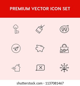 Modern, simple vector icon set on red background with house, door, bank, display, speech, internet, paper, closed, lock, web, object, estate, fashion, price, security, communication, email, tag icons