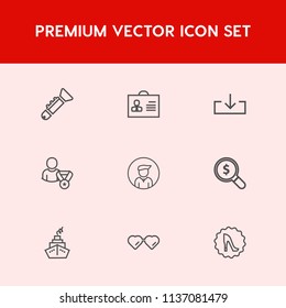 Modern, simple vector icon set on red background with sunglasses, girl, download, search, man, bugle, sign, arrow, frame, person, male, internet, web, glasses, sound, find, female, instrument,  icons