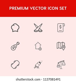 Modern, simple vector icon set on red background with skate, new, business, cooking, board, apartment, location, food, music, balance, spotlight, show, scale, light, travel, professional, guitar icons