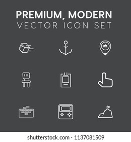 Modern, simple vector icon set on dark grey background with computer, transportation, location, click, delivery, marine, sky, box, travel, laptop, label, web, rudder, shipping, helm, badge, sea icons