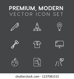 Modern, simple vector icon set on dark grey background with shuttle, laptop, science, spaceship, paper, white, rocket, traffic, technology, typography, write, business, note, security, pencil icons