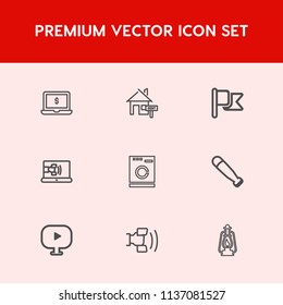 Modern, simple vector icon set on red background with communication, sale, appliance, metal, machine, sport, mobile, washer, equipment, flag, property, housework, mortgage, lantern, technology icons