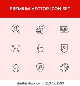 Modern, simple vector icon set on red background with male, pie, graphic, music, security, man, water, internet, business, screen, shield, touch, online, mushroom, technology, house, search, boy icons