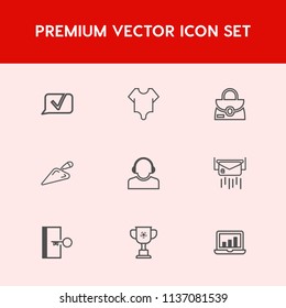 Modern, simple vector icon set on red background with laptop, graphic, mail, style, winner, female, cute, shovel, cup, escape, girl, bodysuit, fashion, white, chat, object, door, victory, screen icons