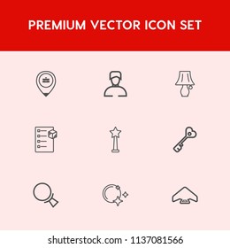 Modern, simple vector icon set on red background with map, object, package, location, fashion, moon, desk, cargo, bulb, star, electric, checklist, man, parachuting, sky, boy, parachute, casual icons