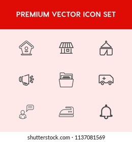 Modern, simple vector icon set on red background with bell, emergency, property, paper, new, loud, bird, voice, box, office, alarm, loudspeaker, folder, domestic, ambulance, wood, birdhouse, car icons
