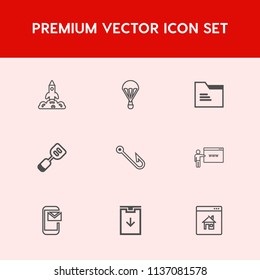 Modern, simple vector icon set on red background with rocket, internet, blank, air, technology, file, extreme, astronaut, mail, rod, orbit, tool, space, kitchen, property, sky, parachuting, fish icons