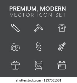 Modern, simple vector icon set on dark grey background with telephone, bat, shovel, train, tshirt, present, poster, global, tool, team, mobile, bowling, shirt, wood, typography, home, decoration icons