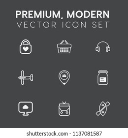 Modern, simple vector icon set on dark grey background with earphone, travel, aluminum, sale, purchase, fashion, store, shop, military, stereo, work, white, object, market, device, airplane, oar icons