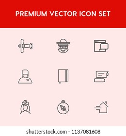 Modern, simple vector icon set on red background with airplane, plane, hospitality, aircraft, aviation, chat, cartoon, flight, service, transport, medical, north, web, military, internet, paper icons