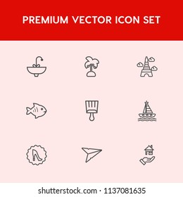 Modern, simple vector icon set on red background with boat, equipment, fish, tropical, coconut, property, leaf, paintbrush, palm, tower, elegance, white, estate, faucet, nature, paint, eiffel icons