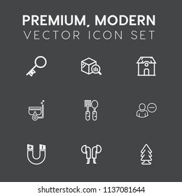 Modern, simple vector icon set on dark grey background with magnetic, account, lock, market, audio, security, home, mask, data, estate, summer, key, sign, unlock, architecture, environment, tree icons