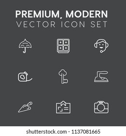 Modern, simple vector icon set on dark grey background with identity, friction, iron, money, construction, umbrella, office, key, id, clothes, business, electrical, headset, weather, parasol icons