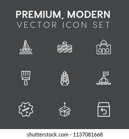 Modern, simple vector icon set on dark grey background with discount, blue, sea, delivery, storehouse, order, lantern, tower, medieval, safety, cardboard, metal, brush, buoy, sale, return, goods icons