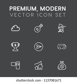 Modern, simple vector icon set on dark grey background with communication, web, retro, music, string, video, camera, musical, movie, technology, wooden, increase, left, place, financial, sign icons