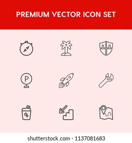 Modern, simple vector icon set on red background with plant, launch, shuttle, repair, tool, vehicle, west, road, nature, tree, compass, palm, protect, drink, tropical, protection, down, cocktail icons