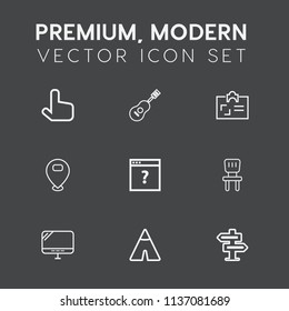 Modern, simple vector icon set on dark grey background with cursor, dont, doorknob, pointer, hanger, laptop, computer, location, tent, id, music, home, personal, jazz, document, outdoor, page icons