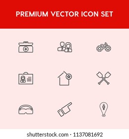 Modern, simple vector icon set on red background with boat, oar, glasses, house, box, cycle, water, profile, health, location, office, internet, medicine, worker, help, emergency, bicycle, pin icons