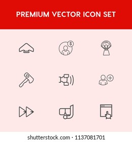 Modern, simple vector icon set on red background with finance, sky, internet, user, jump, button, accounting, skydiver, money, home, air, extreme, click, rewind, add, mouse, construction, player icons