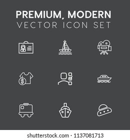 Modern, simple vector icon set on dark grey background with film, person, woman, lens, yacht, cruise, movie, luggage, task, bag, internet, speed, human, transport, female, profile, retro, video icons