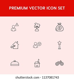 Modern, simple vector icon set on red background with property, internet, social, key, nature, network, investment, bank, natural, cash, palm, travel, building, coconut, money, home, business icons
