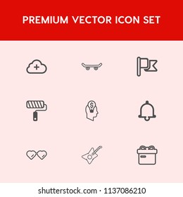 Modern, simple vector icon set on red background with roll, street, guitar, board, roller, alarm, fashion, skater, present, holiday, sunglasses, gift, internet, paint, america, musical, box, add icons