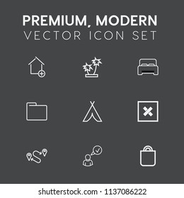 Modern, simple vector icon set on dark grey background with bag, bed, destination, nature, sign, add, blank, folder, business, file, bedroom, point, new, tent, apartment, map, building, estate icons